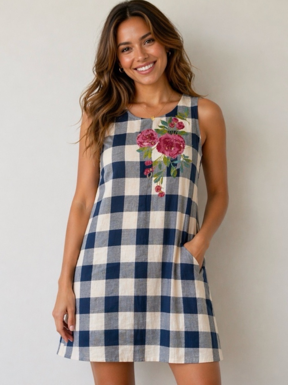 Navy and Cream Gingham Maxi Dress with Pink Floral Detail Size Medium NWOT